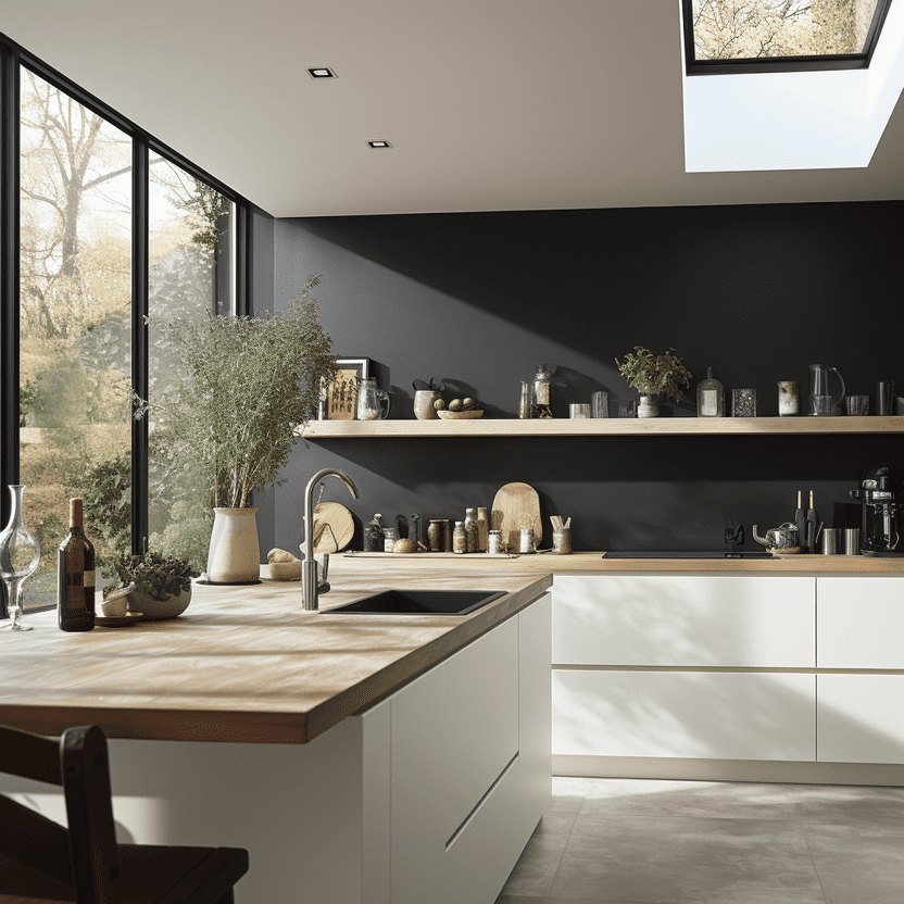 Helle Designerküche nach Maß mit Oberlicht und Naturblick. Maßgeschneiderte Küche in Weiß mit Holzarbeitsplatte und Fensterfront zur Natur.