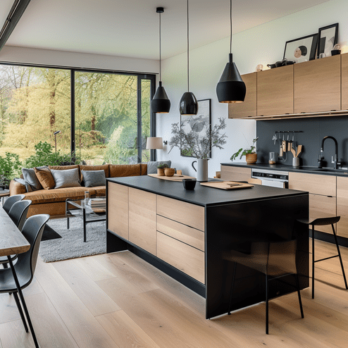 Moderne Küche nach Maß mit Holzelementen, integriertem Wohnbereich und Panoramafenster.