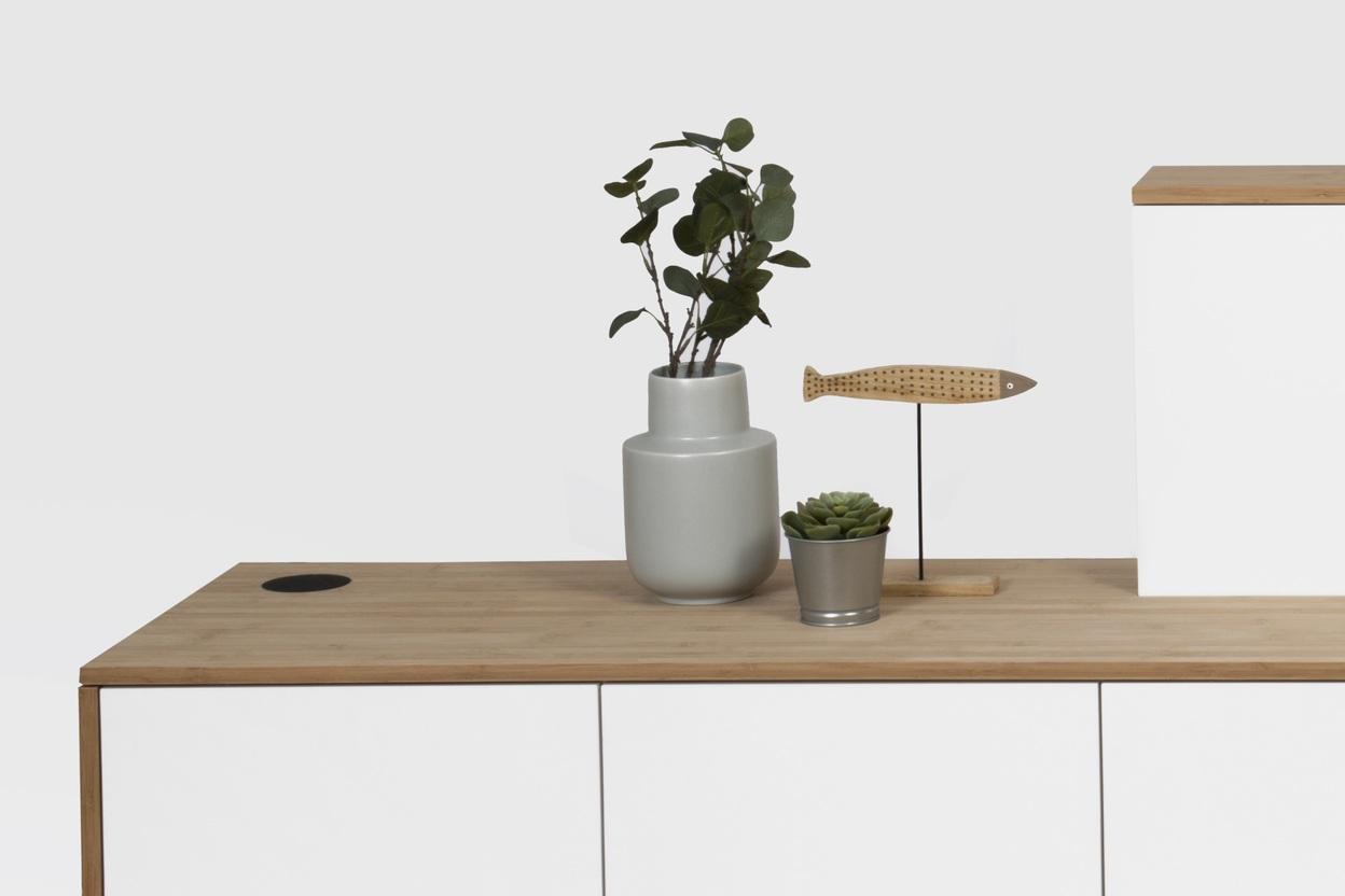 Wei&szlig;es Sideboard mit Holzoberfl&auml;che, dekoriert mit Pflanzen und Holzfigur in Fischform