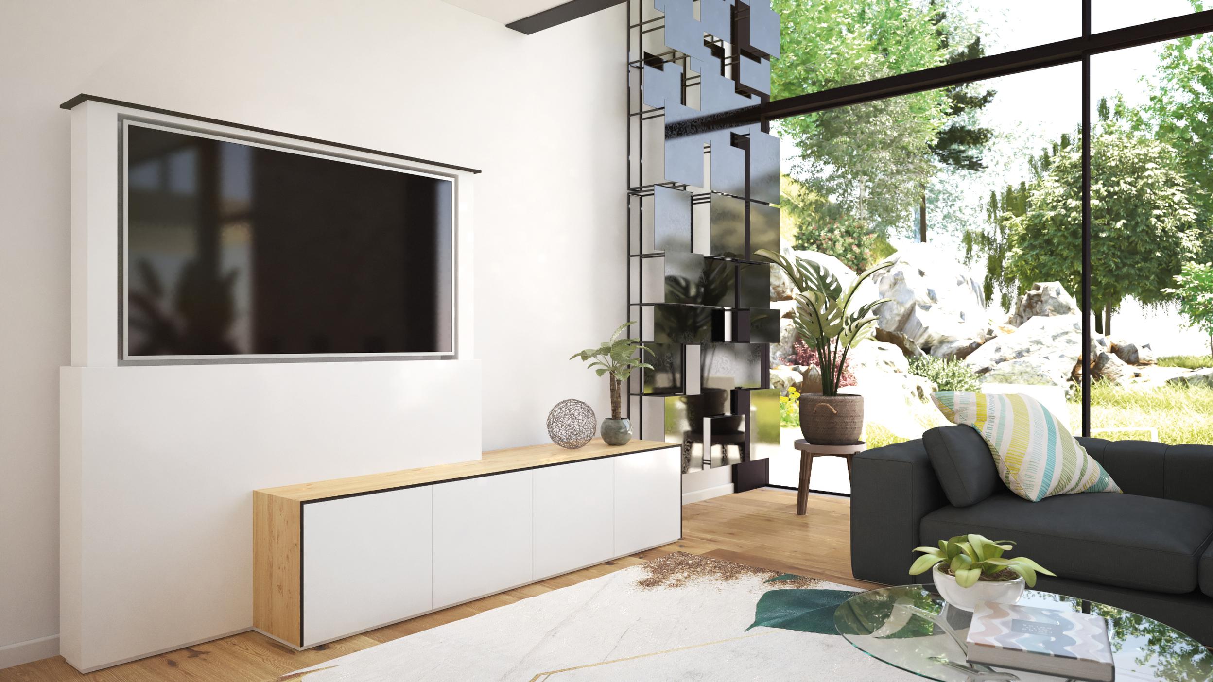 Wohnzimmer mit motorisierten Möbeln und Naturblick Elegantes Wohnzimmer mit motorisierten Lowboards, moderner Couch und großem Fenster mit Ausblick auf eine natürliche Landschaft.