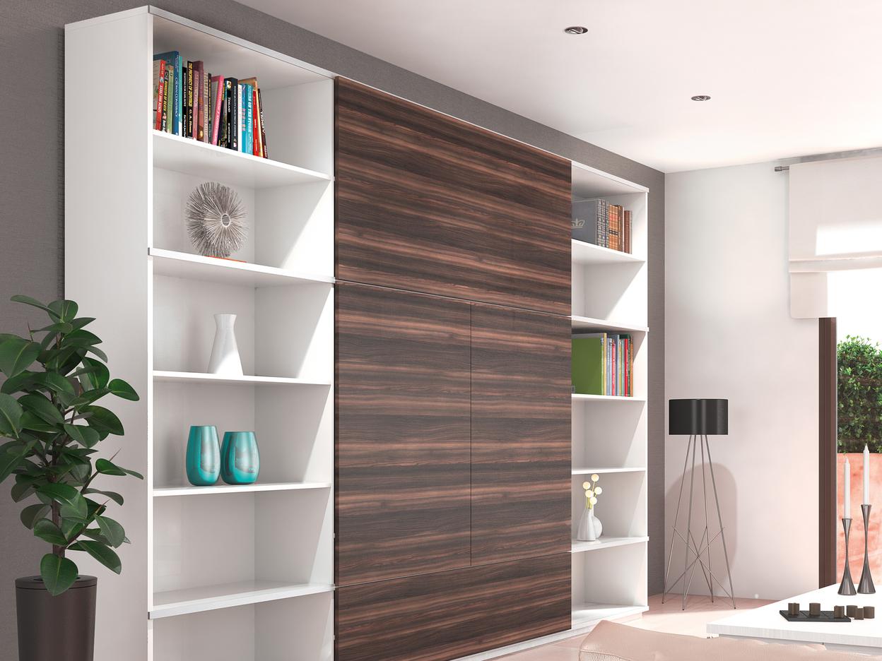 Einbauschrank im Wohnraum in weiss und dunkel lackiertem Holz Einbauschrank mit aussen zwei weissen offenen Regalen und einem mittigen dunkel lackiertem, geschlossenen Holzschrank im Wohnraum