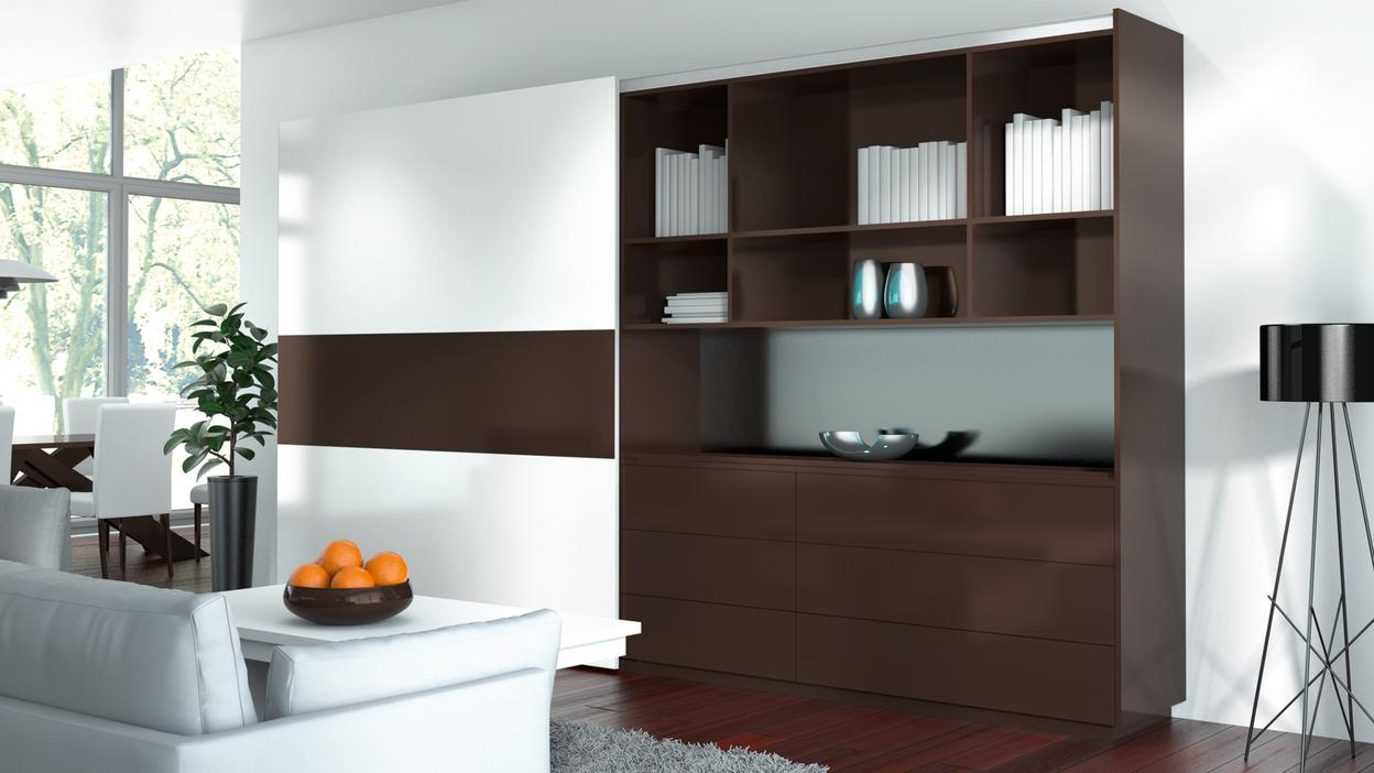 Impression einer weissen Schrankwand mit dunkler Vitrinenkombination